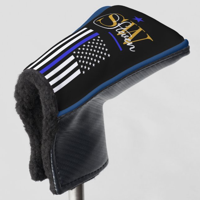 Blue Line & Monogrammed Name / Modern Signature Golf Head Cover (3/4 Front)