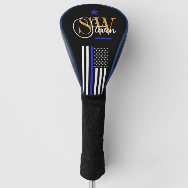 Blue Line & Monogrammed Name / Modern Signature Golf Head Cover (Front)