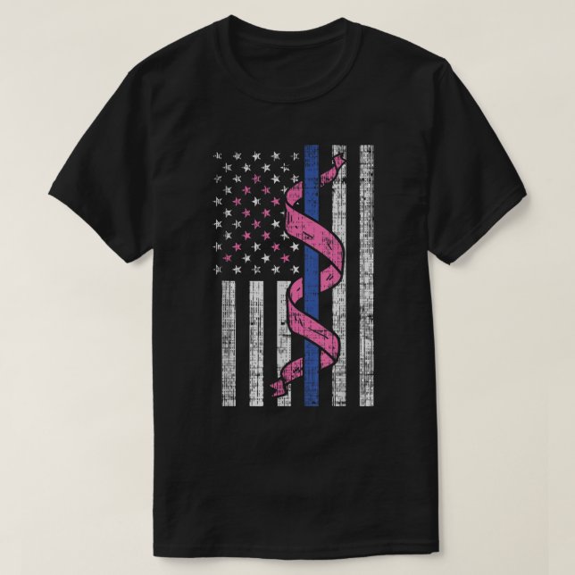 Blue Line Police US Flag Pink Ribbon Breast Cancer T-Shirt (Design Front)