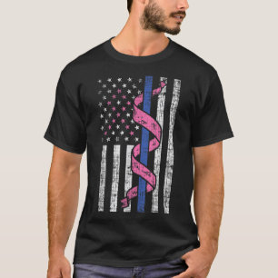 Blue Line Police US Flag Pink Ribbon Breast Cancer T-Shirt