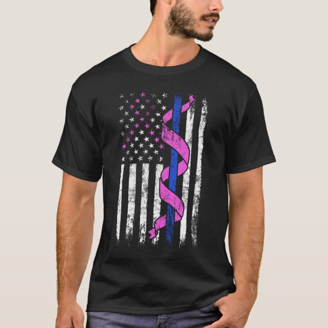 Blue Line Police US Flag Pink Ribbon Breast Cancer T-Shirt (Front)