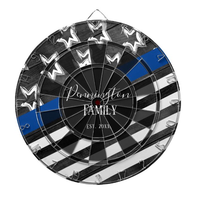 Blue Line Rustic Wood Design Custom Family Name Dartboard (Front)