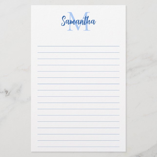 Blue Lined Minimalist Monogram Stationery (Front)