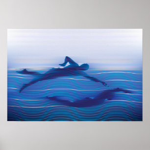 Blue Lined Swimmer Silhouettes Poster