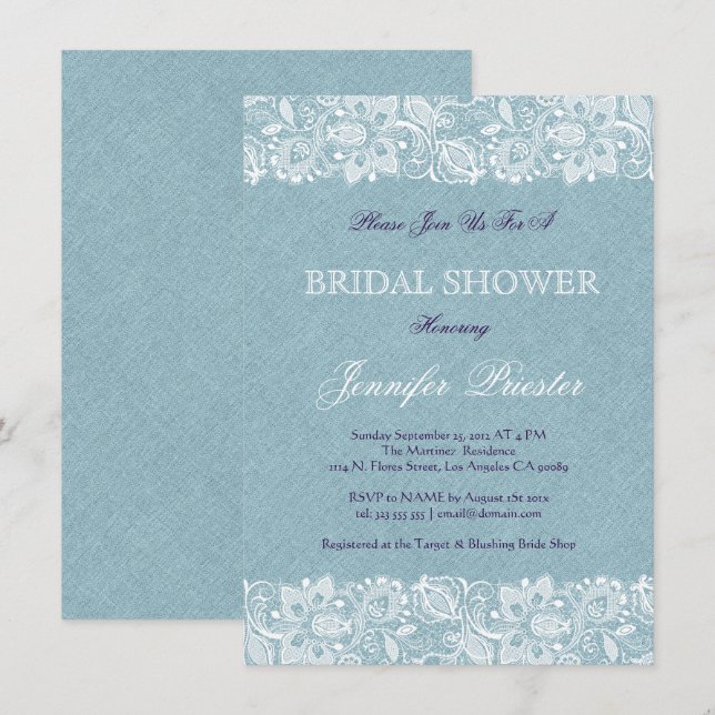 Blue Linen Burlap & White Floral Lace 2 Invite (Front/Back)