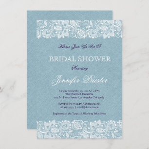 Blue Linen Burlap & White Floral Lace 2 Invite