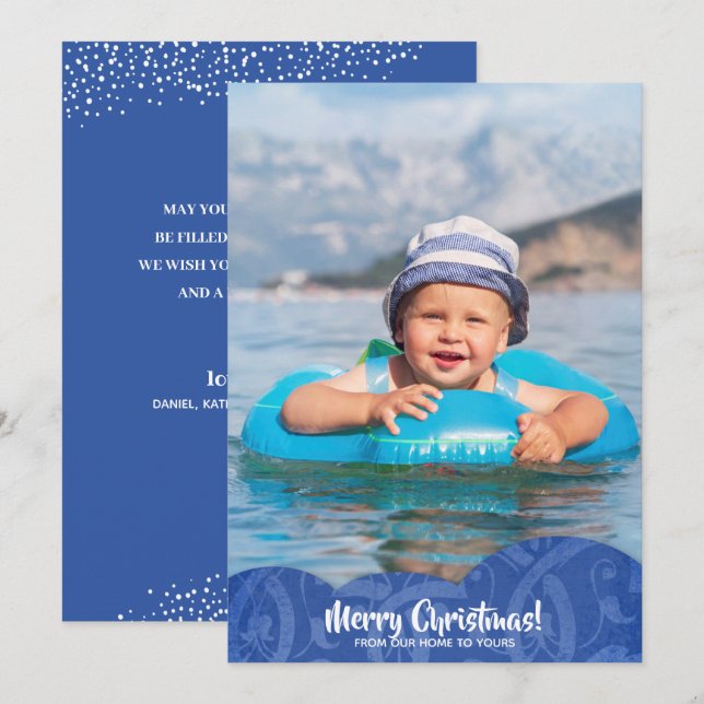 Blue Linen Filigree Photo Christmas Holiday Card (Front/Back)
