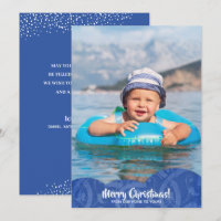 Blue Linen Filigree Photo Christmas Holiday Card
