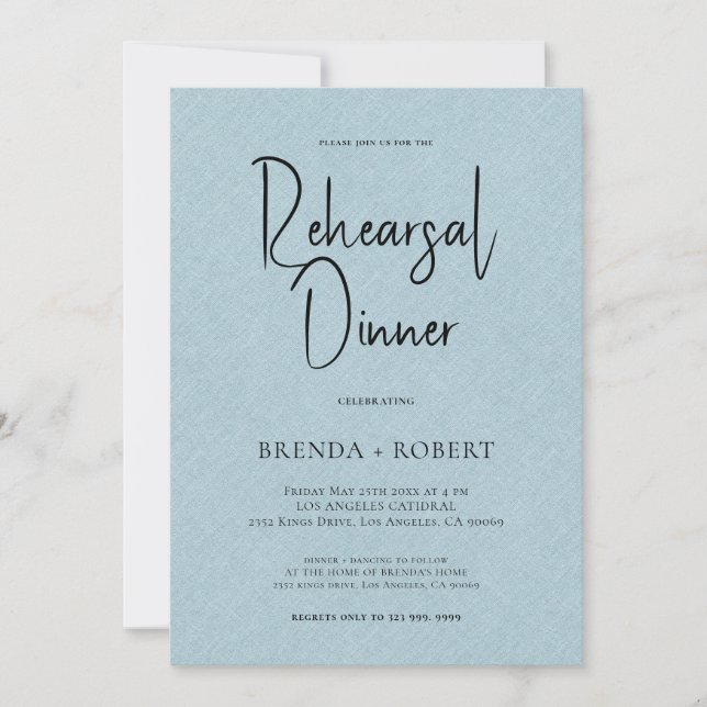 Blue linen Simple Black Script Rehearsal Dinner Invitation (Front)