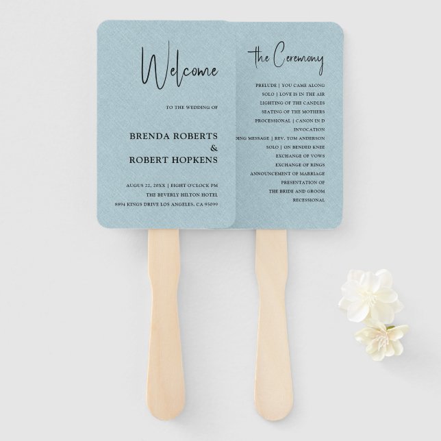 Blue Linen Simple Black Script Wedding Hand Fan (Front and Back)