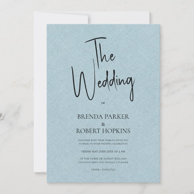 Blue linen Simple Black Script Wedding Invite (Front)