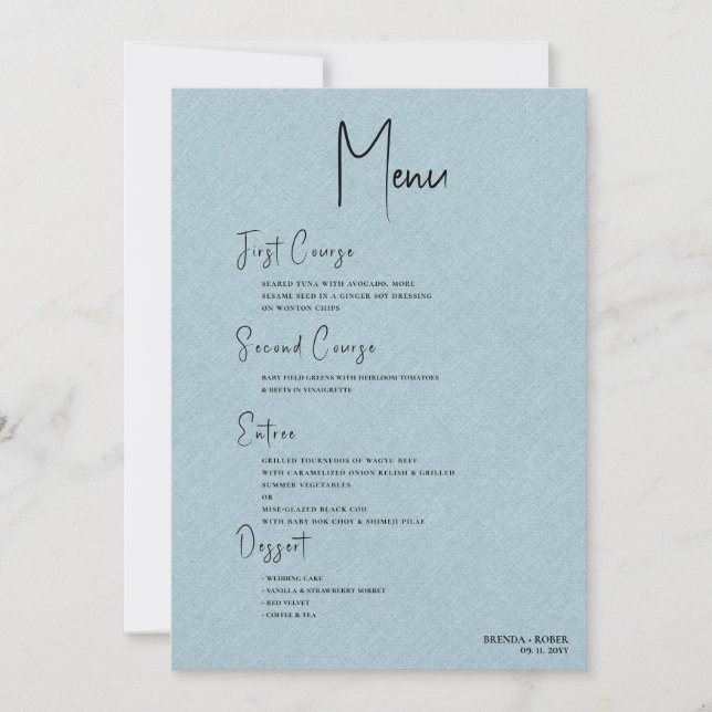 Blue linen Simple Black Script Wedding Menu Invitation (Front)