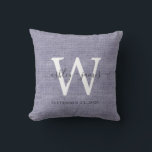 Blue Linen White Monogram Wedding Keepsake Cushion<br><div class="desc">Elegant wedding keepsake blue woven linen effect pillow with your text in dark grey chic handwritten script calligraphy. Simply add your names, monogram and wedding date. Great gift for a newlywed couple. Exclusively designed for you by Happy Dolphin Studio. If you need any help or matching products, please contact us...</div>