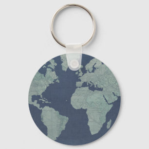 Blue Linen World Map Key Ring