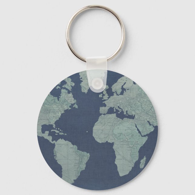 Blue Linen World Map Key Ring (Front)