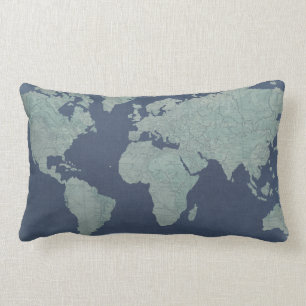 Blue Linen World Map Lumbar Cushion