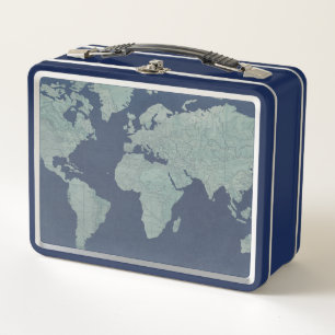 Blue Linen World Map Metal Lunch Box