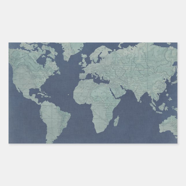 Blue Linen World Map Rectangular Sticker (Front)