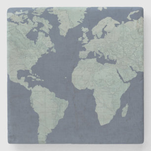 Blue Linen World Map Stone Coaster
