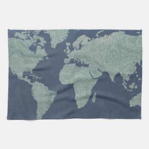 Blue Linen World Map Tea Towel