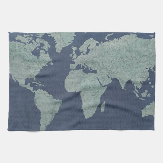 Blue Linen World Map Tea Towel (Horizontal)