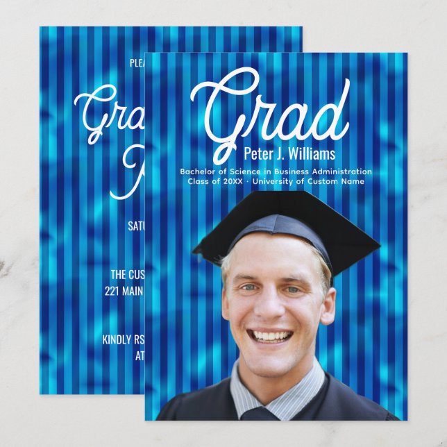 Blue Lines Custom Photo Men Graduation Party Invitation (Front/Back)