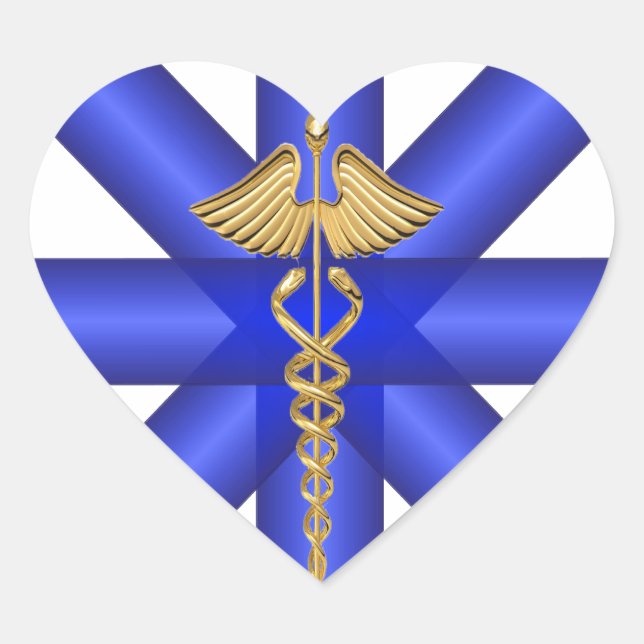 Blue Lines / Gold Caduceus EMT Symbol Heart Sticker (Front)