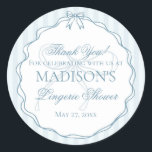 Blue Lingerie Shower Bachelorette Party Favour Classic Round Sticker<br><div class="desc">Oh-la-la! Add a little something blue before ‘I do’ with this dreamy lingerie shower collection. Pastel tones and lacy details create the perfect balance of flirty and fresh for the bride’s big night. ★ Let me help you plan your next party! ★ If you need coordinating décor, please check my...</div>