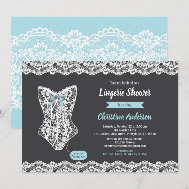 Blue lingerie shower invitation chalkboard lace (Front/Back)