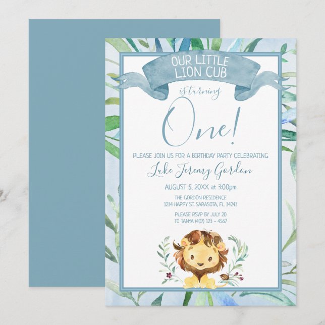 Blue Lion Cub First Birthday Party Invitation (Front/Back)