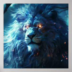 Blue Lion Face with Glowing Eyes Art Poster