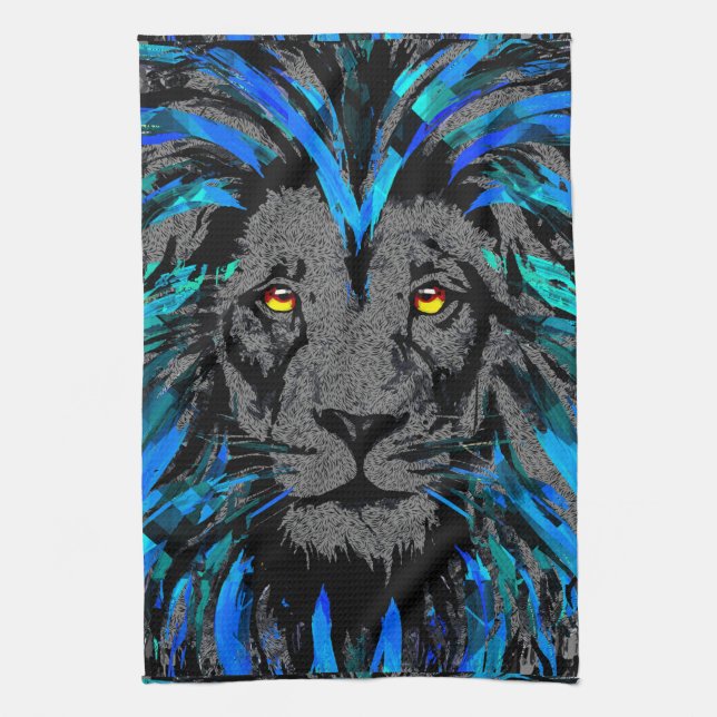 Blue Lion Head - Lion Portrait - Lion Face Tea Towel (Vertical)