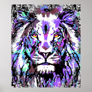 Blue Lion Head - Realistic Lion Face Poster Print