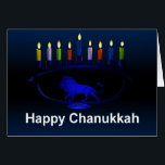 Blue Lion Menorah<br><div class="desc">A blue,  lion-themed Chanukkah menorah with lit candles. Add your own text.</div>