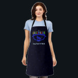 Blue Lion Menorah Apron<br><div class="desc">A blue,  lion-themed Chanukkah menorah with lit candles superimposed on a starry background. Add your own text.</div>