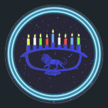 Blue Lion Menorah Classic Round Sticker<br><div class="desc">A blue,  lion-themed Chanukkah menorah with lit candles on a starry background.</div>