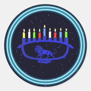 Blue Lion Menorah Classic Round Sticker