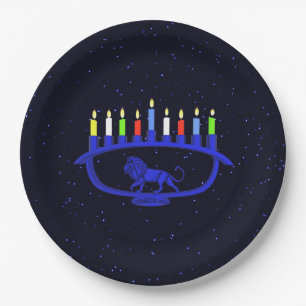 Blue Lion Menorah Paper Plate