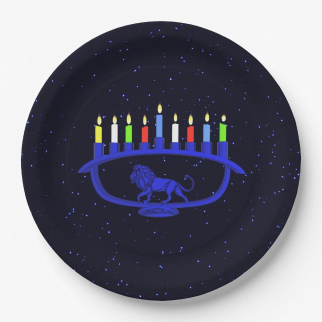 Blue Lion Menorah Paper Plate (Front)