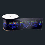 Blue Lion Menorah Satin Ribbon<br><div class="desc">Features a lion-themed Chanukkah menorah,  superimposed on a starry background,  with all eight candles and the shamash burning. Chanukkah is the mid-winter "Festival of Lights."</div>