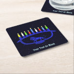 Blue Lion Menorah Square Paper Coaster<br><div class="desc">A blue,  lion-themed Chanukkah menorah with lit candles superimposed on a starry background. Add your own text.</div>