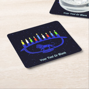 Blue Lion Menorah Square Paper Coaster
