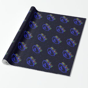 Blue Lion Menorah Wrapping Paper