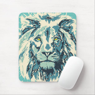 Blue Lion Mouse Pad Colorful Retro Lion Head