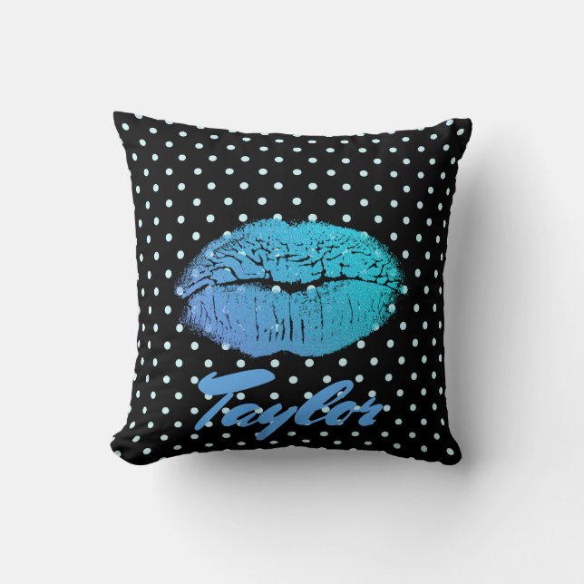 Blue Lips Kiss Black and blue polka dot pattern Cushion (Front)
