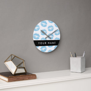 Blue Lips, Kiss, Lipstick, Your Name, Personalise Round Clock