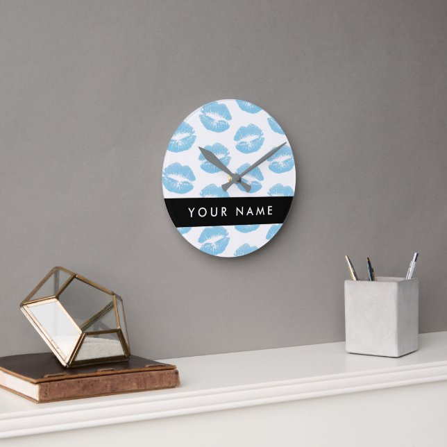 Blue Lips, Kiss, Lipstick, Your Name, Personalise Round Clock (Office)