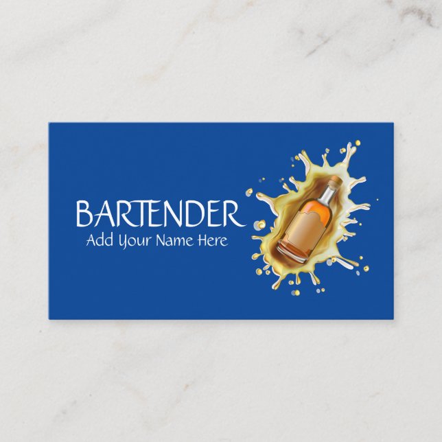 Blue Liquor Bottle Splash Bartender Mixologist Business Card (Front)