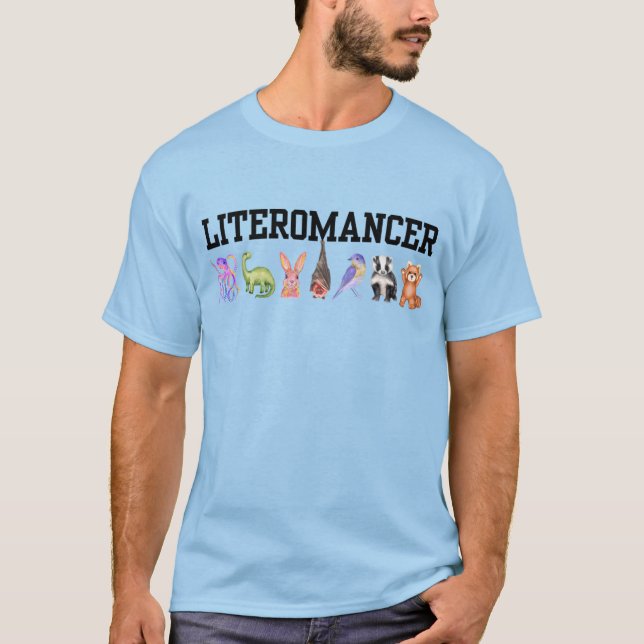 Blue Literomancer t-shirt with House totems (Front)