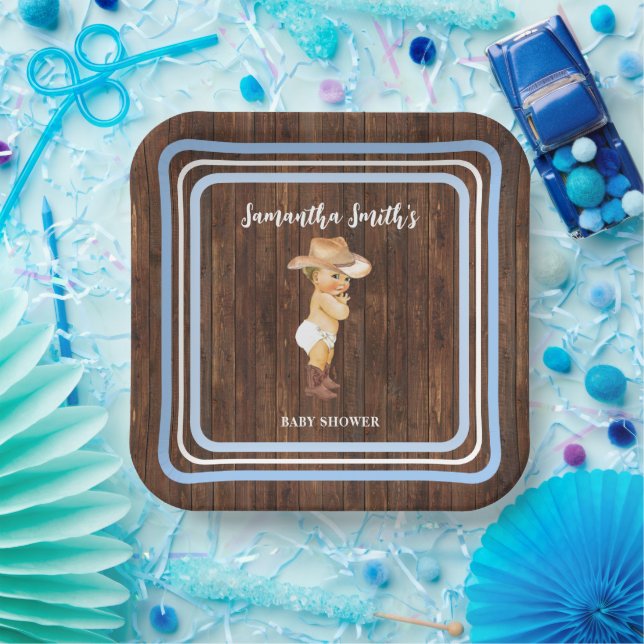 Blue Little Baby Cowboy Western Baby Shower Paper Plate (Party)